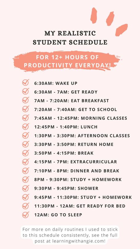 Check out this productive daily routine schedule for students to help you get more accomplished everyday. This is the schedule I followed in high school to be consistently productive for 12+ hours everyday. Although you likely won’t be able to follow it exactly, my full post includes 17 daily routines that motivated me to stick to this schedule. Make sure to check it out for daily routines you can also use to be more productive. Daily Routine Schedule For Students, Productive Daily Routine Schedule, Study Routine Schedule, High School Schedule, Homework Schedule, Study Time Table, School Routine For Teens, Daily Routine Schedule, Study Routine