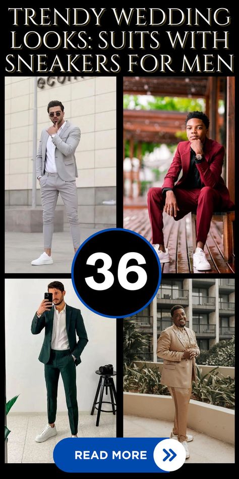 Explore 36 ways to rock suits with sneakers for a contemporary and trendy vibe at weddings. These combinations blend formal elegance with casual flair, ideal for grooms and guests aiming for a fashion-forward statement. Discover how sneakers can elevate traditional suits, creating a stylish and comfortable ensemble that exudes sophistication. #suitswithsneakers #mensweddingfashion #modernweddingstyle #fashionforwardgrooms #weddingguestoutfits #sneakerchic Suit And White Sneakers Men, Trendy Suits For Men Wedding, Jordan Wedding Shoes Grooms, Tennis Shoes With Suit Men, Dress Pants With Sneakers Men Outfit, Dress Clothes With Sneakers, Mens Dress Sneakers Outfit, Mens Wedding Fashion Guest, Suit And Sneakers Men Outfits Wedding