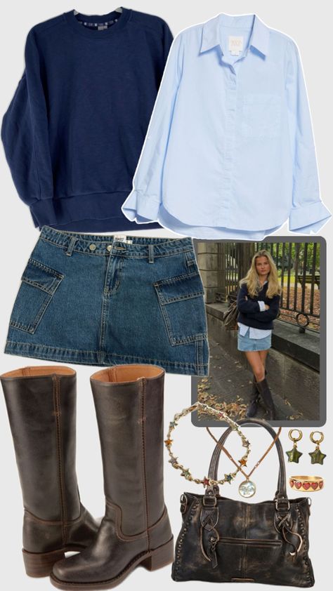 fall outfit inspo with denim skirt, crewneck sweater, button down, leather boots and bag, and gold jewelry Blue Denim Skirt Outfit Winter, Jean Skirt Jean Jacket Outfit, Jeans Skirt Fall Outfits, Tights With Denim Skirt, Denim Skirt Christmas Outfit, Skirt Jeans Outfit Winter, Denim Skirt And Stockings Outfit, Michigan Game Day Outfit Cold, Sweater With Denim Skirt