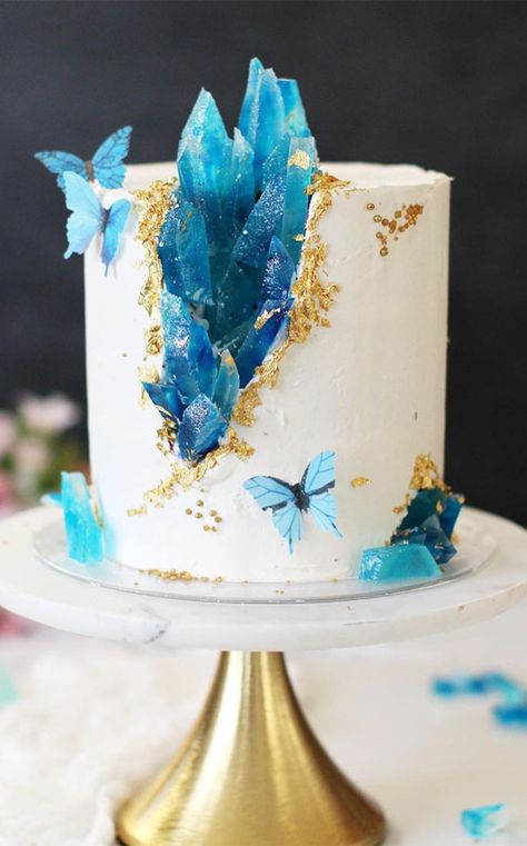 Geode white and blue cake This is stunning cake! A variation of the geode cake— Kohakuto crystal candy + Wafer paper (edible sparkle dust ) and... Resurrection Cake Ideas, Witch Cake, Butterfly Birthday Cakes, Geode Cake, Crystal Cake, Elegant Birthday Cakes, Cool Cake Designs, 18th Birthday Cake, A Birthday Cake