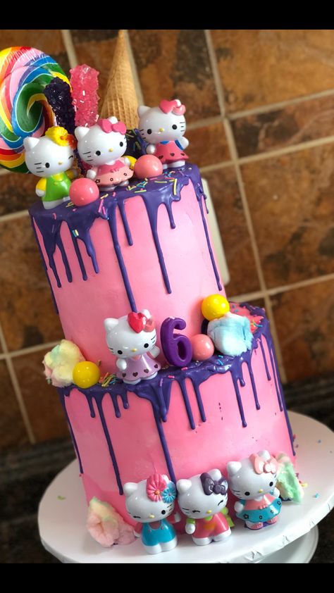 Hello Kitty Drip Cake By His & Her Favors Www.hisnherfavors.com Hello Kitty Drip Cake, Hello Kitty And Friends Cake, Hello Kitty Cake Ideas, Kue Hello Kitty, Sprinkle Drip Cake, Sanrio Birthday, Kitten Cake, Kitty Birthday Cake, Idea Cake