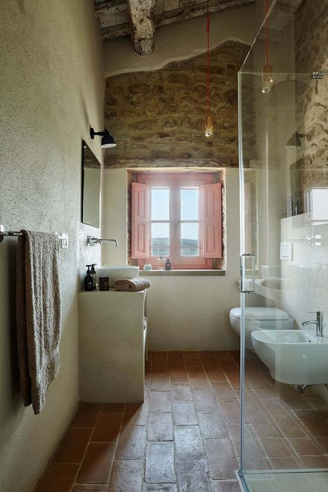 16th Century farmhouse restored into charming holiday villa in Italy Tuscany Bathroom, Villa In Italy, Bathroom Projects, Italian Farmhouse, Century Farmhouse, Italy House, Villas In Italy, Farmhouse Renovation, Old Stone Houses