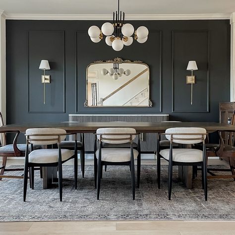 Follow me on Instagram @thesmittencollective for more dark and moody dining room details, design, and styling! Extra Chairs In Dining Room, Dining Rooms With Chair Rail, Large Dining Room Artwork, Room Paneling, Moody Dining Room, Formal Room, Dining Room Accent Wall, Dark Dining Room, Dining Room Accents