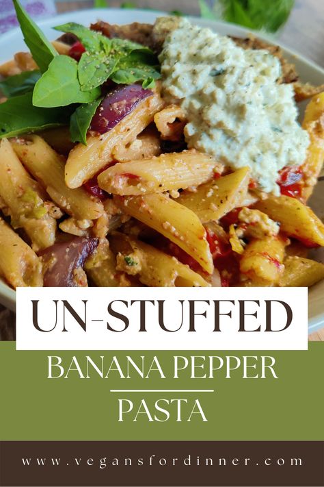 Tackle your stuffed banana pepper cravings with this vegan Un-Stuffed Banana Pepper Pasta! This pasta is hard to beat, full of roasted peppers, tomatoes, and some dang delightful vegan basil ricotta! #vegan #veganrecipes #veganpasta #whatveganseat #pasta #bananapeppers Dinners With Banana Peppers, Banana Pepper Dinner Recipes, Fresh Banana Pepper Recipe Dinners, Banana Pepper Pasta, Banana Pepper Recipe Dinners, Vegan Banana Pepper Recipe, Banana Pepper Pizza Recipe, Fresh Banana Pepper Recipe, What To Do With Banana Peppers