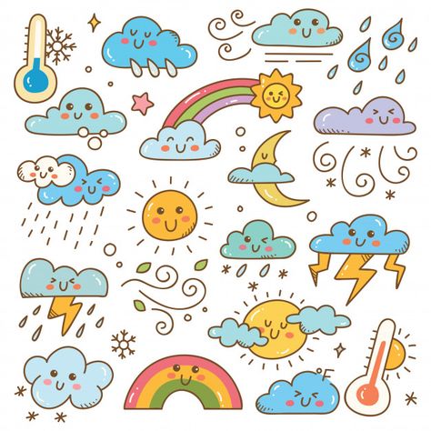 Weather Doodles, Doodles Illustration, Easy Doodle Art, Bullet Journal Lettering Ideas, Doodle Illustration, Cute Doodle Art, Kawaii Doodles, Doodle Art Designs, Mini Drawings