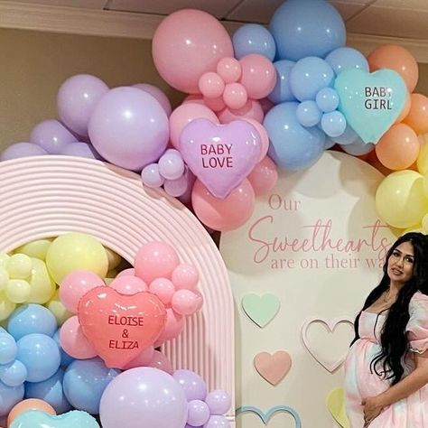 Nicole Creations Houston on Instagram: "Our sweethearts are on their way 🩷🧡🩵💜💛  What a cute theme for a baby shower. Congratulations to mommy to be!!!  #sweethearts #candy #babyshower #itsagirl #twins #twingirls #houstondecorator #balloongarland #custombackdrops #eventplanner" Gender Reveal Themes February, Candy Land Theme Baby Shower Ideas, Our Little Sweetheart Is On The Way, Sweetheart Is On The Way, Baby Shower Girl Theme February, Girl Baby Shower Ideas Themes February, Conversation Heart Baby Shower Theme, Valentines Day Themed Baby Shower Ideas, Baby Shower Themes Girl February