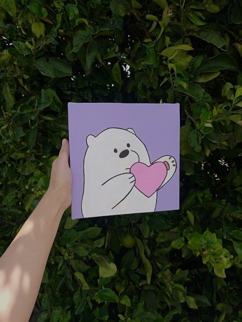 Easy Doodle Art On Canvas, Cute Paintings For Friends, Ice Bear Painting, Bear Paintings Easy, Cartoon Painting On Canvas, Easy Bear Painting, Aesthetic Canvas Painting Easy, Aesthetic Mini Canvas Paintings, Mini Canvas Art Aesthetic