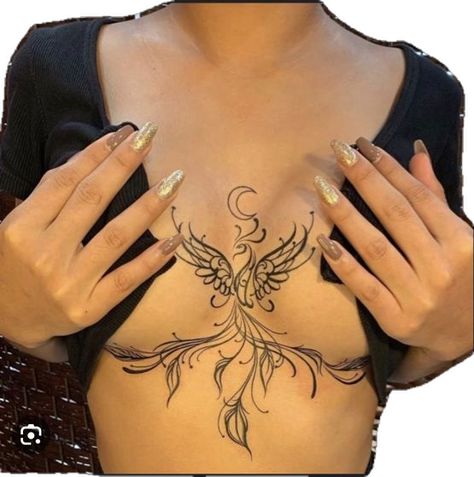 Woman Belly Tattoo, Moon Tattoo On Chest Women, Chest Pieces For Women Tattoo, Between Breast Tattoos For Women Big, Under Bust Tattoo Design, Tattoos Middle Of Chest Women, Chest Sternum Tattoo Female, Chest Tattoo Female Dragon, Ladies Chest Tattoo Ideas