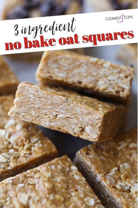 These simple 3 Ingredient No Bake Peanut Butter Oat Squares can be thrown together in minutes. Use all natural/organic ingredients, if you prefer, for a healthier version! Either way, this oatmeal bar recipe is easy, delicious, and the best snack or dessert. #nobake #peanutbutter #oatsquares #peanutbutterbars #oatmealbars #peanutbutterrecipe #easysnack #3ingredientdessert Easy Oat Bars 3 Ingredients, Oat Squares Recipe, Oat Bars Healthy, Oat Squares, Peanut Butter Powder Recipes, Oatmeal Bars Healthy, Peanut Butter Oat Bars, Oatmeal Bar, Oat Bar Recipes