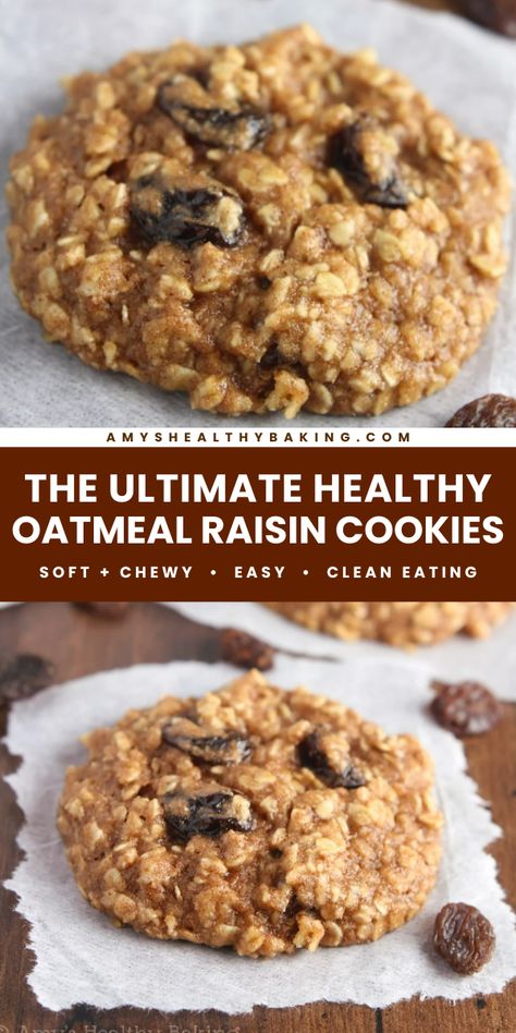 Don't miss out on this healthy baking idea! Soft and chewy with lots of cinnamon, these healthy oatmeal raisin cookies are the BEST you'll ever eat. Save this healthy dessert recipe and make these amazing oatmeal cookies! Oat Flour Raisin Cookies, Oatmeal Raisin Cookies Almond Flour, Clean Oatmeal Raisin Cookies, Oatmeal Recipes Dessert Healthy, Weight Watchers Oatmeal Raisin Cookies, Best Healthy Oatmeal Cookies, Healthy Oatmeal Craisin Cookies, No Butter Oatmeal Raisin Cookies, Oatmeal Peanutbutter Cookies Healthy