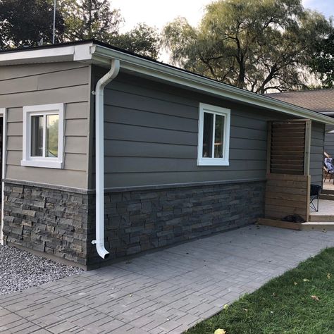 Quality Stone Ledge Stone Grey Brown Faux Stone Panels House Skirting Ideas Exterior Stone, Faux Stone Deck Skirting, Vinyl And Stone Exterior, Faux Rock Siding Exterior, Exterior Faux Stone Panels, Faux Brick Siding Exterior, Rock Siding On House, Skirting For Homes, Fake Stone Exterior