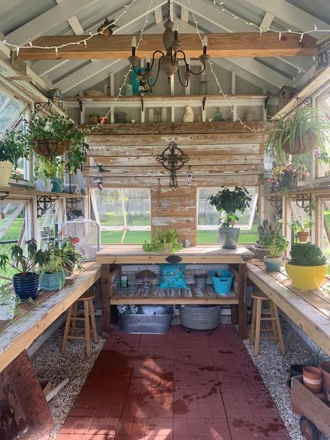 Potting Shed Interior Ideas, She Shed Greenhouse, Rustic Greenhouses, Garden Shed Interiors, Wood Sun, Diy Greenhouse Plans, Shed Interior, Outdoor Greenhouse, Garden Wood