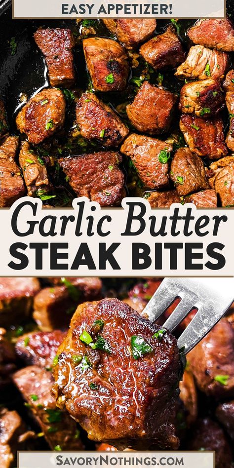 These Garlic Butter Steak Bites are quick and easy to make – and they vanish fast! Serve them as finger food on appetizer night, as part of your game day spread or as part of a fun family dinner date. | #dinnerdate #steakbites #appetizer Butter Steak Bites Recipe, Cajun Butter Steak, Steak Appetizers, Garlic Butter Steak Bites, Butter Steak Bites, Steak Bites Recipe, Cajun Butter, Homemade Cajun Seasoning, Butter Steak