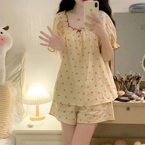 Cute Night Outfits, Korean Sleepwear, Cute Nightwear, Pajamas Aesthetic, Cotton Night Dress, Pijamas Women, Pajama Fashion, Sleepwear Fashion, Cute Sleepwear