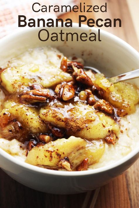 Banana slices simmered in a sweet sticky syrup with crunchy pecans, served over creamy maple syrup-sweetened oatmeal. Caramelized banana pecan oatmeal is a hearty 10 minute breakfast will easily keep you satisfied until lunchtime. #breakfast #oatmeal #bananas 10 Minute Breakfast, Pecan Oatmeal, Banana Nut Oatmeal, Eggless Breakfast, Caramelized Banana, Breakfast Oatmeal, Banana Slices, Eat Fresh, Caramelized Bananas