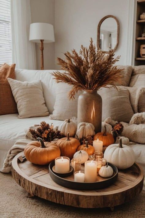 Fall Decor Ideas For Condo, Pumpkin Spice Decorations, Windowsill Fall Decor, Fall Home Decor Indoor, Halloween Decor Inspo Living Room, Fall Inspired Decor, Fall Apartment Decor Living Rooms Cozy, Subtle Fall Decor Living Room, Minimal Fall Centerpieces