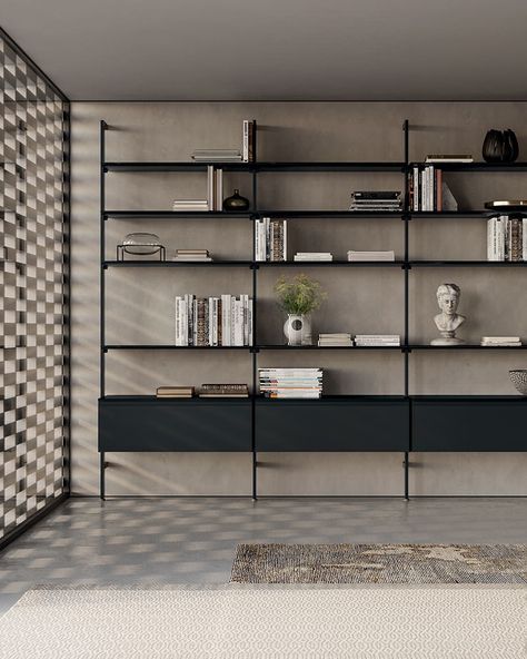 Bamboo: double-sided bookcase - Dallagnese Modular Bookshelves, Aluminum Shelves, Italian Living, Metal Bookcase, Shelving Design, Bookshelf Design, Modular Shelving, 아파트 인테리어, Estantes Flotantes