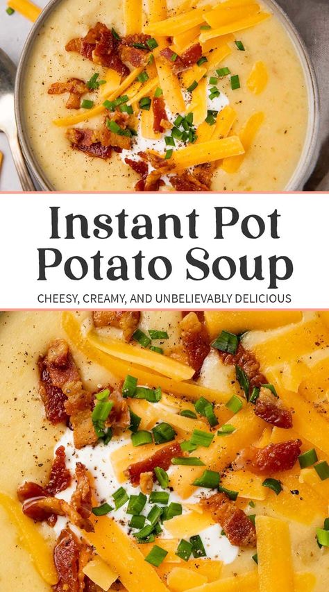 This Instant Pot potato soup is super rich, creamy, and comforting, made quick and easy in the Instant Pot. It's loaded with bacon and cheese for a filling soup that the whole family will love, just like ours does! Baked Potato Soup Instant Pot, Potato Soup Pressure Cooker, Instapot Soup Recipes, Soup Recipe Instant Pot, Instant Pot Potato Soup, Soup Instant Pot, Recipe Instant Pot, Potato Soup Easy, Loaded Potato Soup