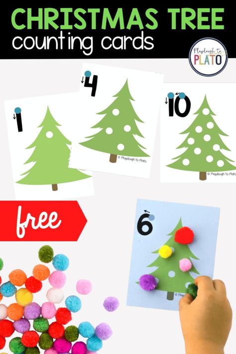 These festive Christmas tree counting cards are the perfect activity to practice number recognition, counting, one-to-one correspondence, number writing and even beginning addition. Pre k and kindergarten kids are sure to love these engaging cards and would even make an easy math center or small group instructional activity! #countingcards #mathcenters #numbersense Beginning Addition, Holiday Math Activities, Christmas Math Centers, Christmas Math Activities, Playdough To Plato, Christmas Learning, Preschool Christmas Activities, Christmas Preschool, Number Writing