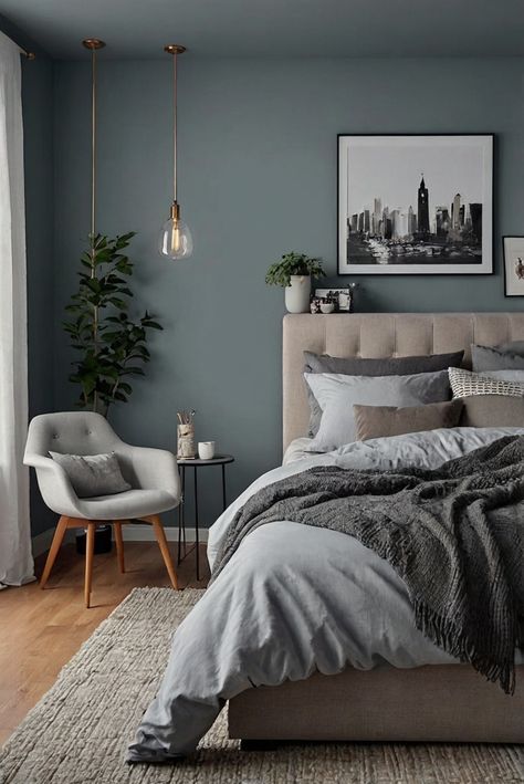 fireplace decorating, bedroom interior design, cozy bedroom decor, master bedroom fireplace Luxury Grey Bedroom Design, Grey Back Bed, Grey Bed Blue Walls, Bedroom Inspirations With Carpet, Grey Room With Accent Wall, Cozy Bedroom Grey Bed, Room With Grey Walls Bedroom Ideas, Charcoal Blue Bedroom, Dusty Blue Bedroom Walls