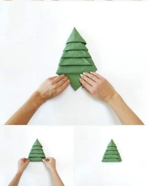 Amazing Folding Technique Turns Your Napkins into Christmas Trees Diy Christmas Napkins, Christmas Tree Napkin Fold, Christmas Tree Napkin, Christmas Dinner Table Settings, Christmas Napkin Folding, Fancy Napkin Folding, Tree Napkin, Paper Napkin Folding, Christmas Tree Napkins