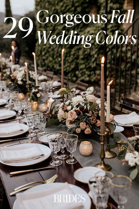 Elegant Wedding Schemes, Fall City Wedding Colors, Woodsy Wedding Color Schemes, White Fall Wedding Decor, Deep Green Fall Wedding, Fall Wedding Vision Board, Classy Fall Wedding Colors, Woodlands Wedding Theme, Fall Wedding Tablescapes Round Tables