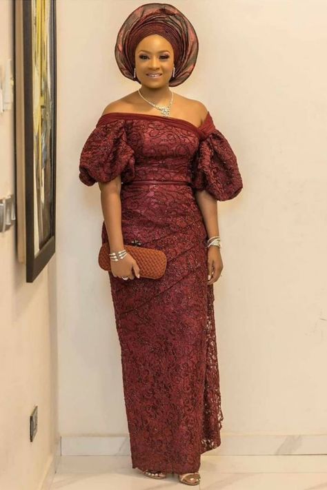 beautiful off-shoulder style Lace Styles For Wedding Guest, Lace Gown Styles Aso Ebi, Lace Gown Styles Nigerian, Aso Ebi Dresses, Aso Ebi Lace, Aso Ebi Lace Styles, African Party Dresses, Nigerian Lace Styles, African Lace Styles