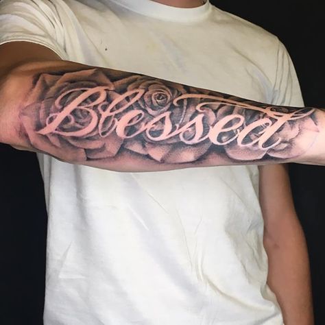 Front Bicep Tattoo Men, Forarm Sleeve, Name Tattoos For Men Forearm, Side Of Arm Tattoo, Christian Tattoos For Men, Forearm Name Tattoos, Back Of Forearm Tattoo, Blessed Tattoo, Blessed Tattoos