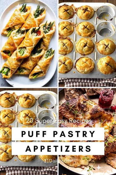 Game Day Food Puff Pastry, Puff Pastry Apps Appetizers, Savory Tarts Puff Pastry, Puff Pastry Party Snacks, Puff Pastry Brunch Ideas, Finger Foods Puff Pastry, Puff Pastry Stuffing Ideas, Cafe Savoury Food, Puff Pastry Appetizers Thanksgiving