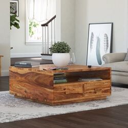 Delaware Rustic Solid Wood Square Coffee Table with 4 Drawers Diy Storage Table, Wood Square Coffee Table, Wood Coffe Table, Fall Coffee Table Decor, Coffee Table Pictures, Fall Coffee Table, Sunroom Decorating, Diy Room Divider, Solid Coffee Table