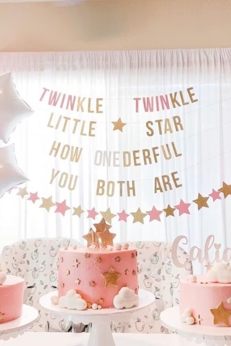 First Birthday Twins, Twin Birthday Themes, Twins First Birthday, Birthday Twins, 1st Birthday Cake For Girls, Twin Birthday Parties, Girls Birthday Party Decorations, 1st Birthday Party For Girls