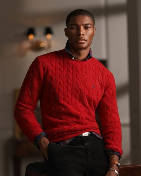 Ralph Lauren on Instagram: "Embrace effortless holiday #PoloRLStyle with signature staples, like our classic Cable-Knit Cashmere Sweater in bright red layered over #RLHoliday plaids. Explore our @PoloRalphLauren Favorites shop via the link in bio. #RalphLauren" Black Men Winter Fashion, Holiday Outfit Winter, Polo Sweater Outfit, Nyc Mens Fashion, Winter Fashion Nyc, Red Sweater Outfit, Christmas Outfit Men, Sweater Outfits Men, Red Cable Knit Sweater