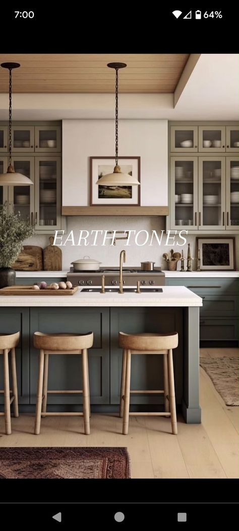 Kitchen Remodel Earth Tones, Dark Cabinet Light Countertop, Light Moody Kitchen, Organic Modern Design Kitchen, Kitchen Combinations Ideas, No Uppers In Kitchen, Organic Contemporary Kitchen, Neutral Kitchen With Green Accents, Tone On Tone Kitchen