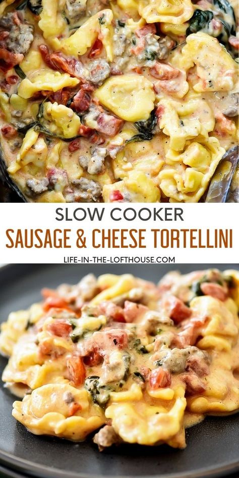 Tender sausage, cheese-filled tortellini, juicy tomatoes and hearty spinach come together to create this delicious Slow Cooker Tortellini and Sausage. Tortellini Recipes Crockpot, Sausage And Cheese Tortellini, Sausage Tortellini Recipe, Tortellini And Sausage, Slow Cooker Tortellini, Sausage Crockpot Recipes, Cheese Tortellini Recipes, Slow Cooker Sausage, Sausage Crockpot