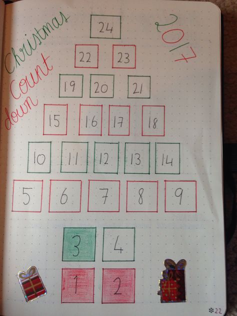 Christmas countdown bullet journal 25 Day Christmas Countdown Ideas, Christmas Countdown Drawing, Christmas Countdown Bullet Journal, Count Down To Christmas Ideas, Buju Ideas, Christmas Countdown Ideas, Christmas Bullet Journal, Countdown Ideas, Ideas Bullet Journal