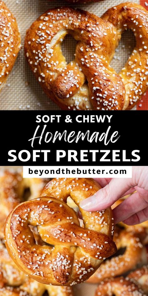 Move over store-bought pretzels, these Homemade Soft Pretzels are the best! They're soft and chewy on the inside with a golden brown outside and a sprinkling of pretzel salt to boot. Serve them alongside your favorite mustard or cheese sauce for the perfect savory snack! Find the full recipe on BeyondtheButter.com. Homemade Pretzels Recipe, Savory Baking, Soft Pretzel Recipe, Homemade Pretzels, Homemade Soft Pretzels, Pretzels Recipe, Butter Recipes, Soft Pretzels, Bread Recipes Homemade