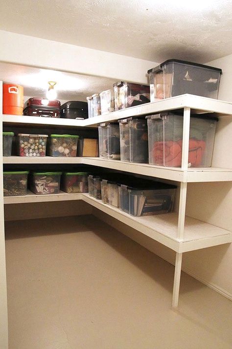 #homedecor #basementguide #basementceiling Clothes Storage Basement, Storage Bin Room, Cold Room Storage Ideas Shelves, Store Room Ideas For The Home, Storage Room Flooring, Indoor Storage Room Ideas, Storage Room Remodel, Small Stock Room Ideas Storage, Storage Room Design Basements