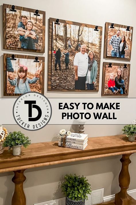 Watch the process of making this easy, inexpensive family photo wall. The perfect DIY project to display your pride and joy. Family Photo Wall Arrangements, Hallway Picture Display, Photo Wall Diy, Dining Room Picture Wall, Creative Accent Wall Ideas, Wedding Picture Walls, Living Room Makeovers, Creative Accent Wall, Displaying Family Pictures