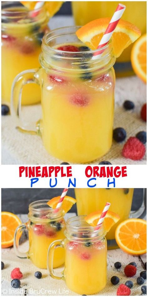 This Pineapple Orange Punch has a mixture of juices and Sprite making it perfect for anyone to enjoy at parties! Add fresh berries for a pop of color and flavor. Pineapple Orange Punch, Orange Punch Recipes, Easy Party Punch, Orange Punch, Kid Friendly Drinks, Fruit Juice Recipes, Party Punch Recipes, Alcoholic Punch, Pineapple Punch