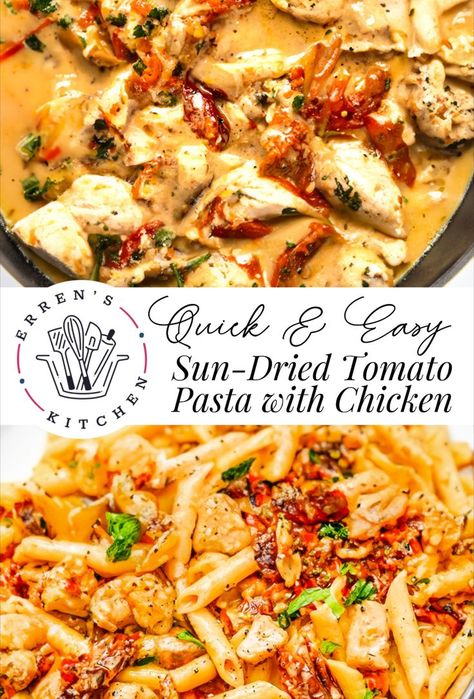 Looking for delicious dinner ideas? A delectable dish of Creamy Sun-Dried Tomato Pasta with Chicken flavored with Parmesan cheese, sun-dried tomatoes, onions, and garlic. Savor our Creamy Sun-Dried Tomato Pasta with Chicken, a flavor-packed 30-minute meal perfect for your busy weeknights! This quick and easy dinner recipe is perfect for the family and so so good! Sun Dry Tomatoes Recipes Chicken, Sun Dry Tomatoes Pasta, Sun Dried Tomato Recipes Chicken, Half Baked Harvest Creamy Sun Dried Tomato Chicken Pasta, Sun Dried Tomato Pasta Crockpot, Alfredo Sauce With Sun Dried Tomatoes, Recipes Using Sun Dried Tomatoes, Pasta Dishes With Chicken, Recipes With Sun Dried Tomatoes