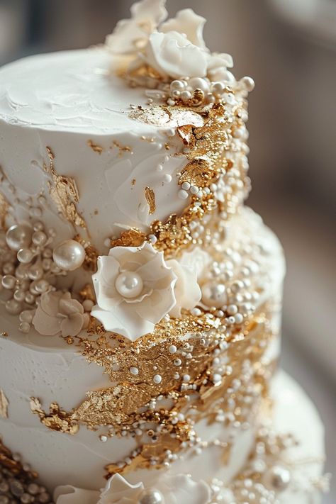 Wedding Cake Elegant Gold, Glamorous Wedding Cakes, Pearl Wedding Cake, Golden Wedding Cake, White And Gold Wedding Cake, Geode Cake Wedding, Metallic Wedding Cakes, Fancy Wedding Cakes, Extravagant Wedding Cakes