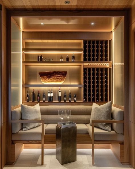 Wine Cellar Living Room, Wine Room Inspiration, Wine Cellar With Bar, Wine Lounge Design, Bar Millwork Design, Bar Sitting Area In Home Modern, Wine Bar Decor Ideas Home, Moody Wine Room, Wine Bar Living Room