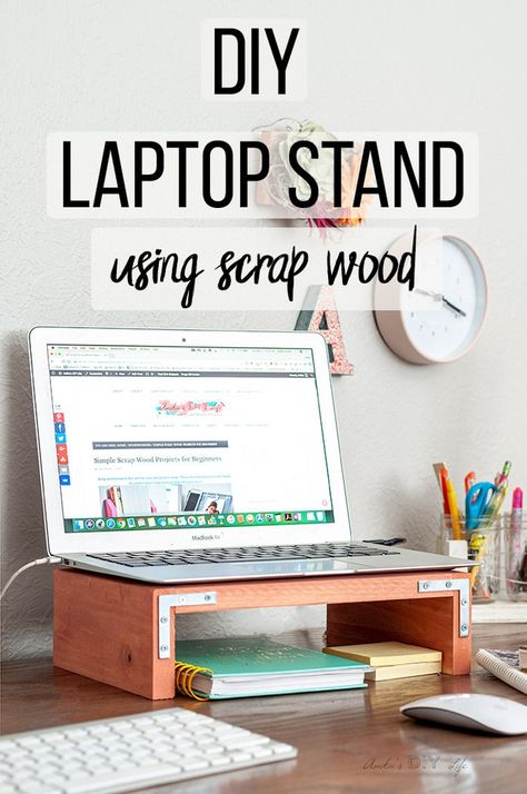 Love this easy tutorial for a DIY laptop stand for desk. This wooden laptop stand is simple and this tutorial shows how to make it along with a template and plans! #anikasdiylife #woodworking #scrapwood Diy Laptop Stand, Using Scrap Wood, Laptop Stand For Desk, Wooden Laptop Stand, Notebook Diy, Diy Laptop, Scrap Wood Projects, Woodworking Plans Diy, Diy Holz