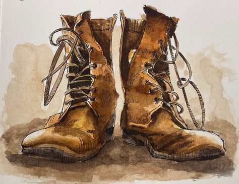 These old boots are the other half of the lesson where I did the old lamp. (previous post). Certainly pleased with the result. . . #penandwashsketching #inkandwatercolour #watercoloursketch #oldboots #sketchingart Drawing Boots, Old Boots Drawing, Boots Drawing, The Other Half, Old Boots, Pen And Wash, Old Lamps, Drawing Clothes, Art Sketches