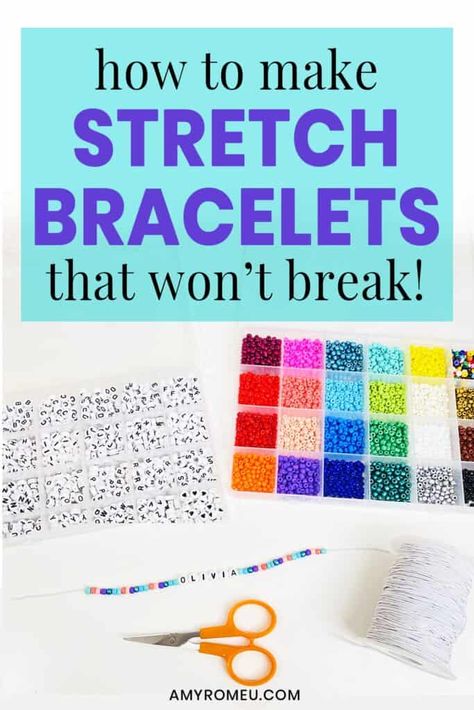 Learn How to Make Stretch Bracelets That Won't Break with this easy letter bead bracelet hack! How To Start A Bracelet With Beads, Stretch Bracelets Diy Tutorials, Stretchy Bracelet Ideas, Homemade Bracelets With Seed Beads, Diy Stretch Bracelets Ideas, Diy Clay Bead Bracelets Tutorials, Diy Stretchy Bracelets, How To Make Stretch Bracelets, Glass Bead Bracelet Tutorial