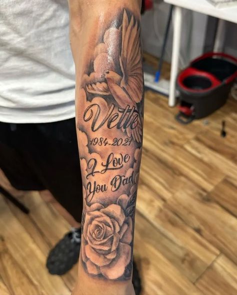 Tattoo For Father Who Passed For Men, Tattoo Ideas For A Loved One Who Passed, Arm Memorial Tattoos, Memorial Sleeve Tattoo For Men, Dead Family Member Tattoo, Deceased Loved Ones Tattoos, Tattoo Remembering Loved Ones, Tattoo Ideas For Brother Who Passed, Memorial Sleeve Tattoos For Women