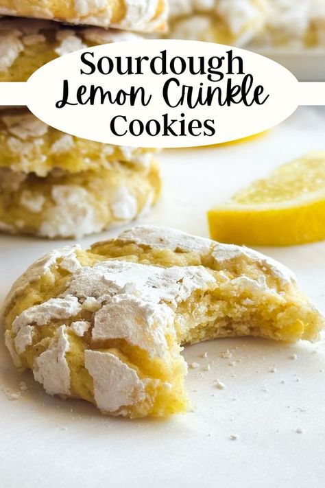 These sourdough discard crinkle cookies are fun summer cookie to serve. These sourdough lemon cookies are crisp on the edges and have a soft and chewy center. These are a delicious sourdough cookie recipe that can be made any time of year including as a Christmas cookie. All you need is a few simple ingredients to make these sourdough cookies. You can make the dough several days ahead of time to save you time when you need it. These lemon crinkle cookies work for any occasion like a tea party. Sourdough Discard Lemon Cookies, Sourdough Recipes Cookies, Lemon Sourdough Cookies, Sourdough Macarons, Sour Dough Cookies Recipes, Vegan Sourdough Cookies, Sourdough Lemon Cookies, Summer Sourdough Recipe, Fall Sourdough Discard Recipes