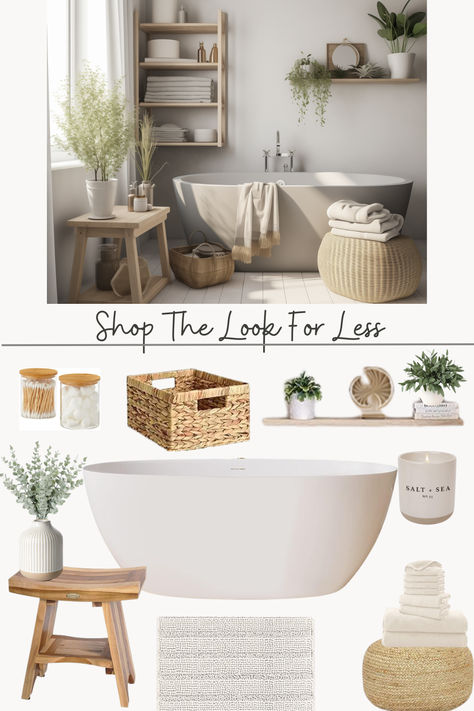 Shop recommended products from MLJModern on www.amazon.com. Learn more about MLJModern's favorite products. Bathroom Decor Freestanding Tub, Scandi Spa Bathroom, Over Tub Decor Ideas, Decor For A White Bathroom, Bathtub Set Up Ideas, Bathroom Inspiration Spa, Neutral Master Bath Decor, Bathroom With Bamboo Accents, Standing Bathtub Decor