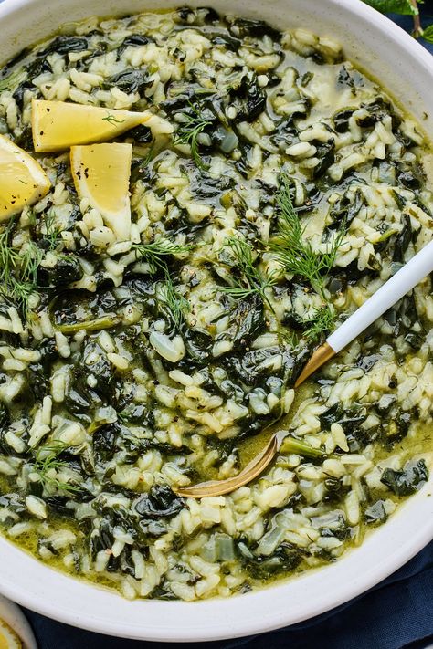 Spinach Bowl Recipes, Olive Rice Recipes, Greek Spinach Recipes, Spanikopita Rice, Greek Spinach Rice Recipe, Spanakorizo Greek Rice, Greek Summer Recipes, Derek Sarno Recipes, Spanakopita Rice