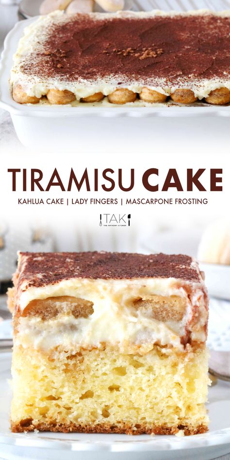 This easy Tiramisu Cake recipe is an Italian show-stopper featuring layer-upon-layer of goodness, beginning with a moist, Kahlua-infused vanilla cake, followed by rich, creamy Mascarpone frosting, coffee-soaked ladyfingers, and a finishing sprinkle of cocoa powder. It's cool, rich, creamy, and most importantly, delicious. The perfect party dessert for birthdays, holidays, and more! Easy Tiramisu Cake, Vanilla Sheet Cake, Tiramisu Recipes, Dessert Mascarpone, Best Tiramisu, Tiramisu Cake Recipe, Easy Tiramisu, Vanilla Sheet Cakes, Easy Tiramisu Recipe